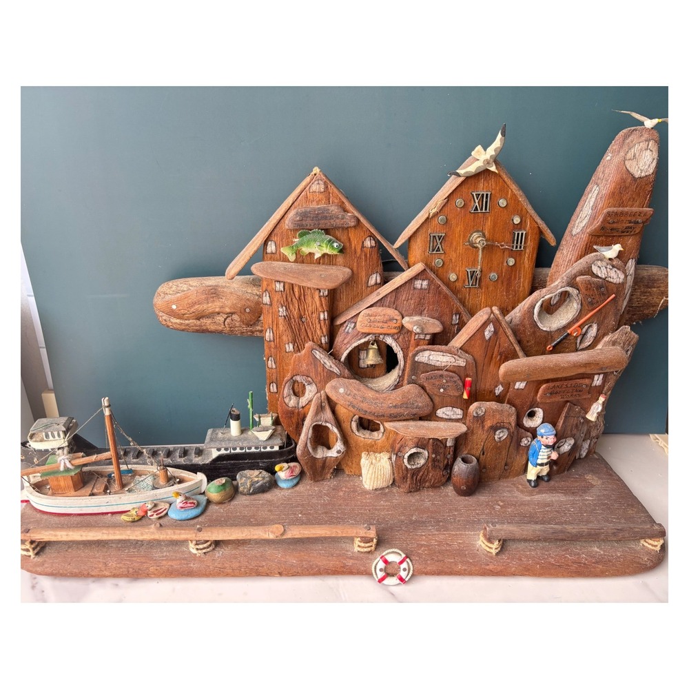 Vintage Folk Art Driftwood Nautical Village Diorama Clock Maritime Scene Decor